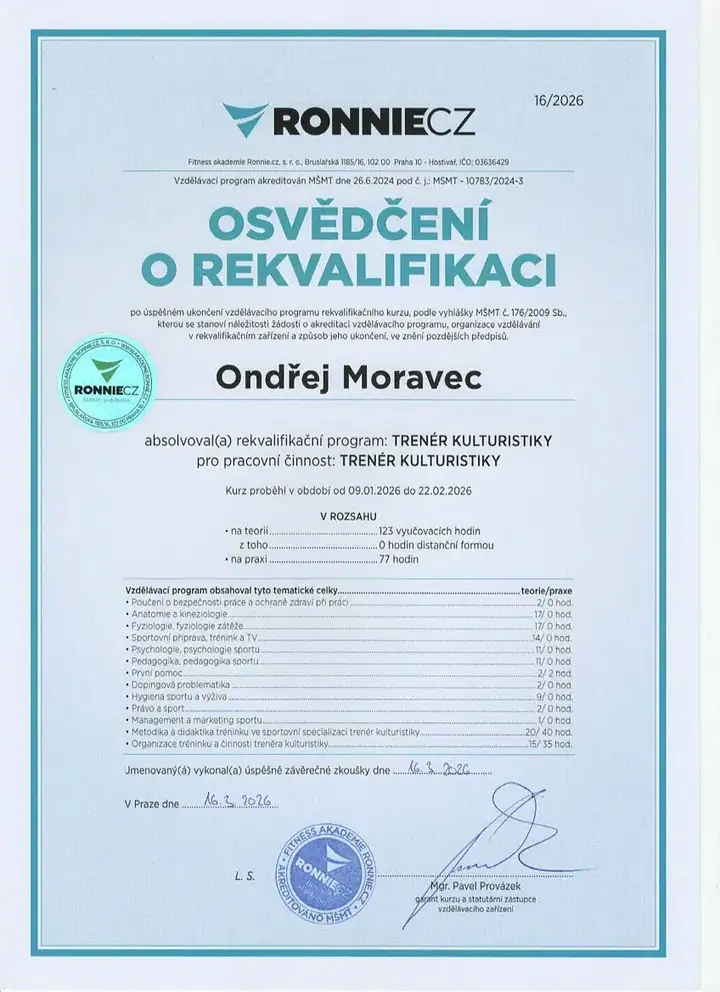 Certifikát Trenér kulturistiky - Ondřej Moravec